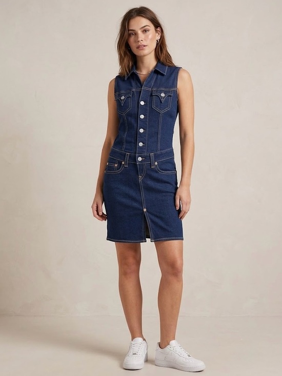 Levi's Denim - Levi’s Type 1 Jean Dress Sleeveless Dark Blue Denim Dress - Classic Button-Front